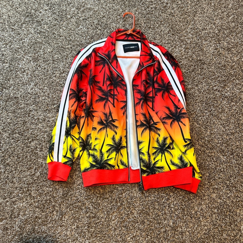 Fashion Nova Red And Yellow Palm Tree Print Track Suit Jacket